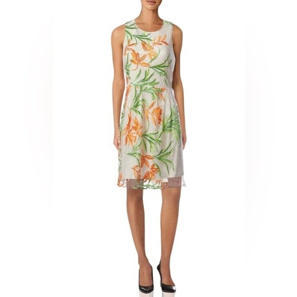 Laundry Shelli Segal Floral Embroidered A-Line Sleeveless Dress Lace Overlay